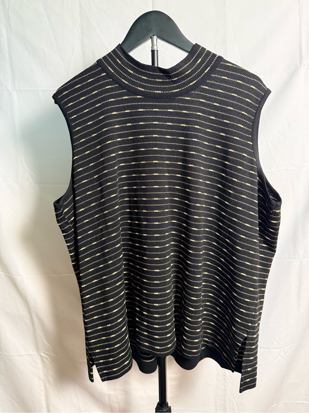 Sleeveless Black Knit Top with Gold Stripe Detail